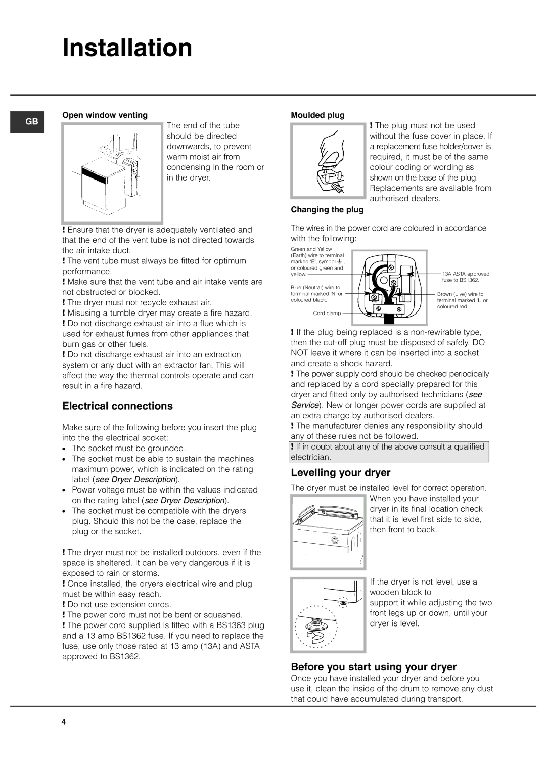 Hotpoint TVFG 65 manual Electrical connections, Levelling your dryer, Before you start using your dryer 