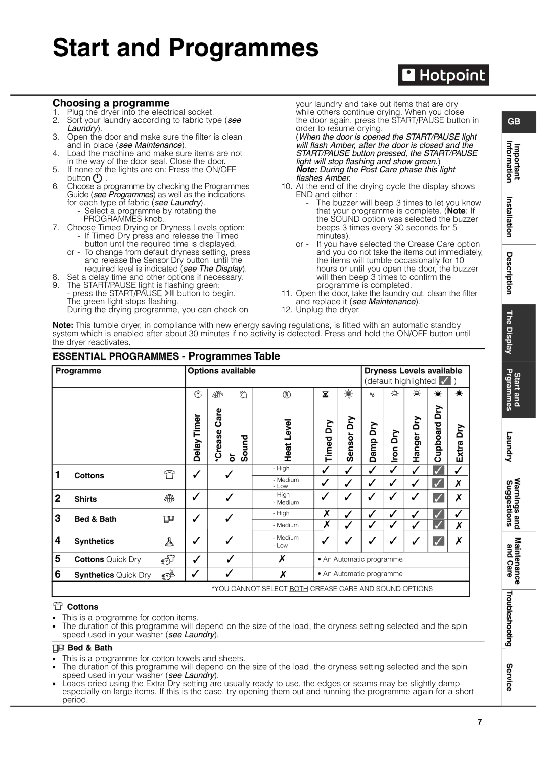 Hotpoint TVFG 65 manual Start and Programmes, Choosing a programme 