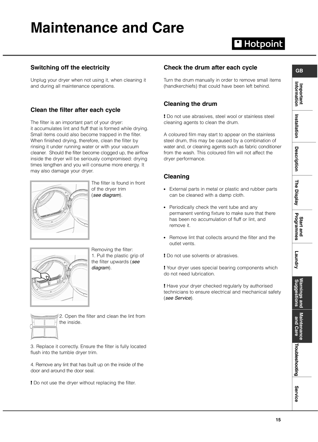 Hotpoint tvfg 65c manual Maintenance and Care 