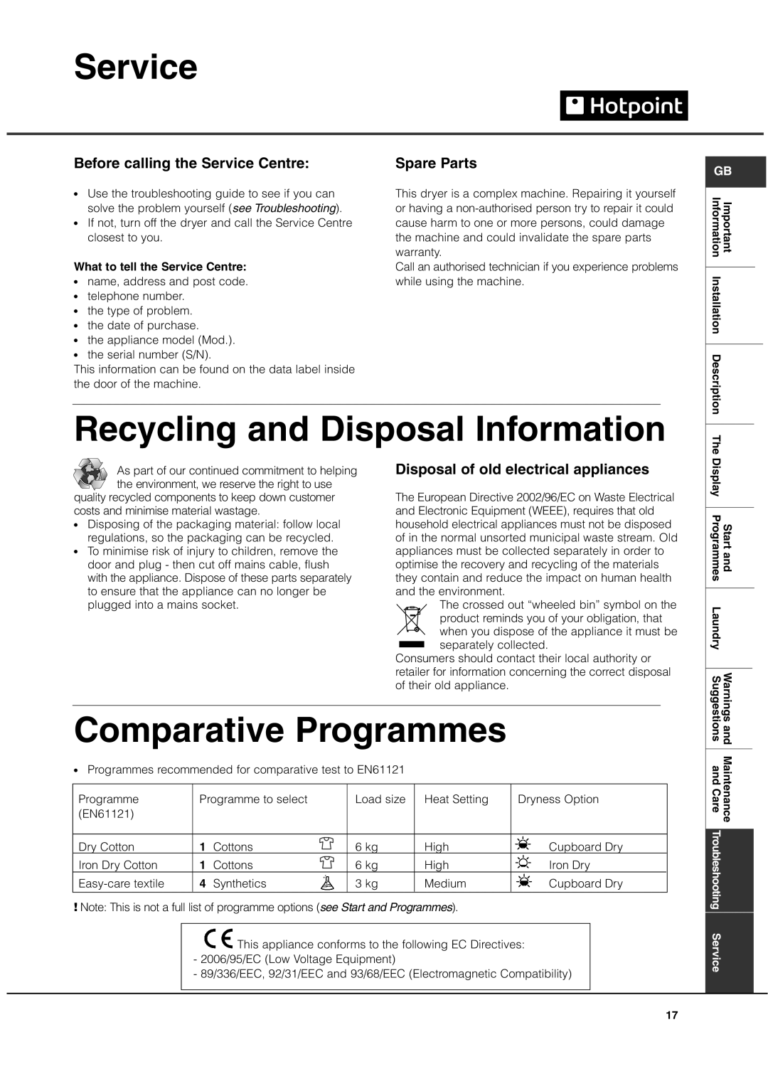 Hotpoint tvfg 65c manual Service, Recycling and Disposal Information, Comparative Programmes 