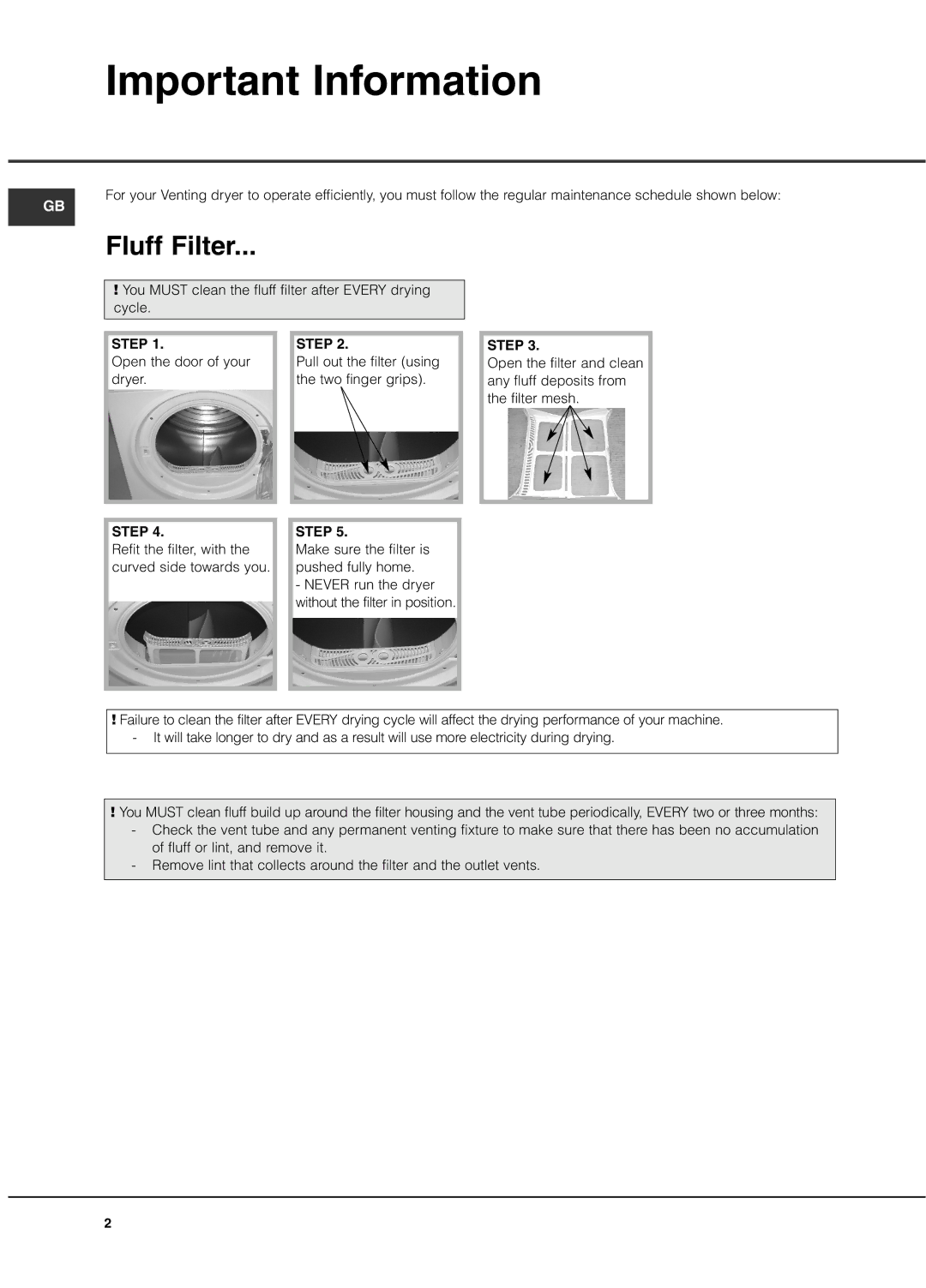 Hotpoint TVFM60C FUTURA manual Important Information, Fluff Filter 