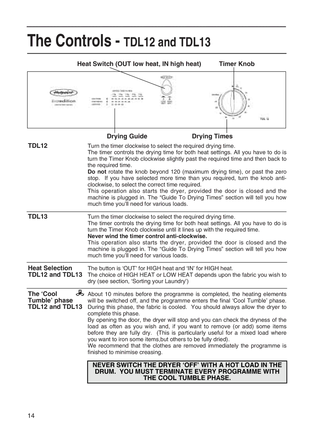 Hotpoint TVM35, TDL32, TDL34 manual Controls TDL12 and TDL13 