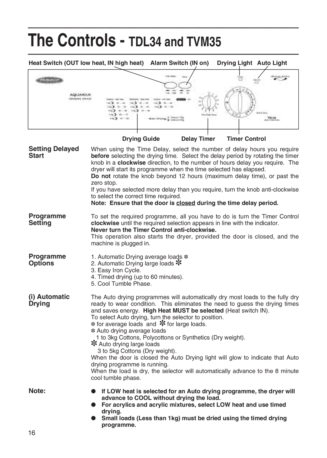 Hotpoint TDL32, TDL13, TDL12 manual Controls TDL34 and TVM35, Programme, Setting, Options, Drying 