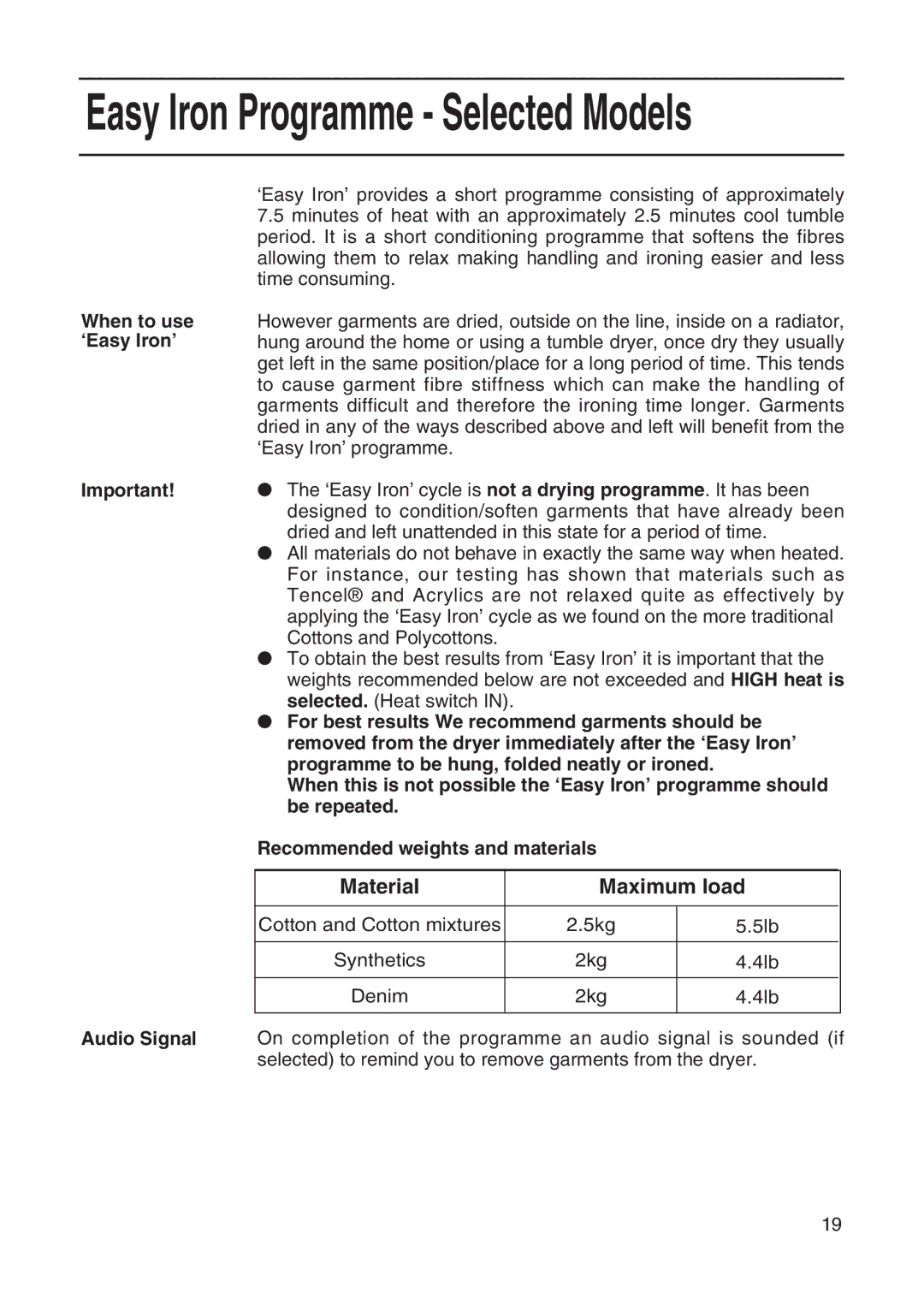 Hotpoint TDL12, TVM35, TDL32, TDL34, TDL13 manual Easy Iron Programme Selected Models, When to use ‘Easy Iron’ Audio Signal 