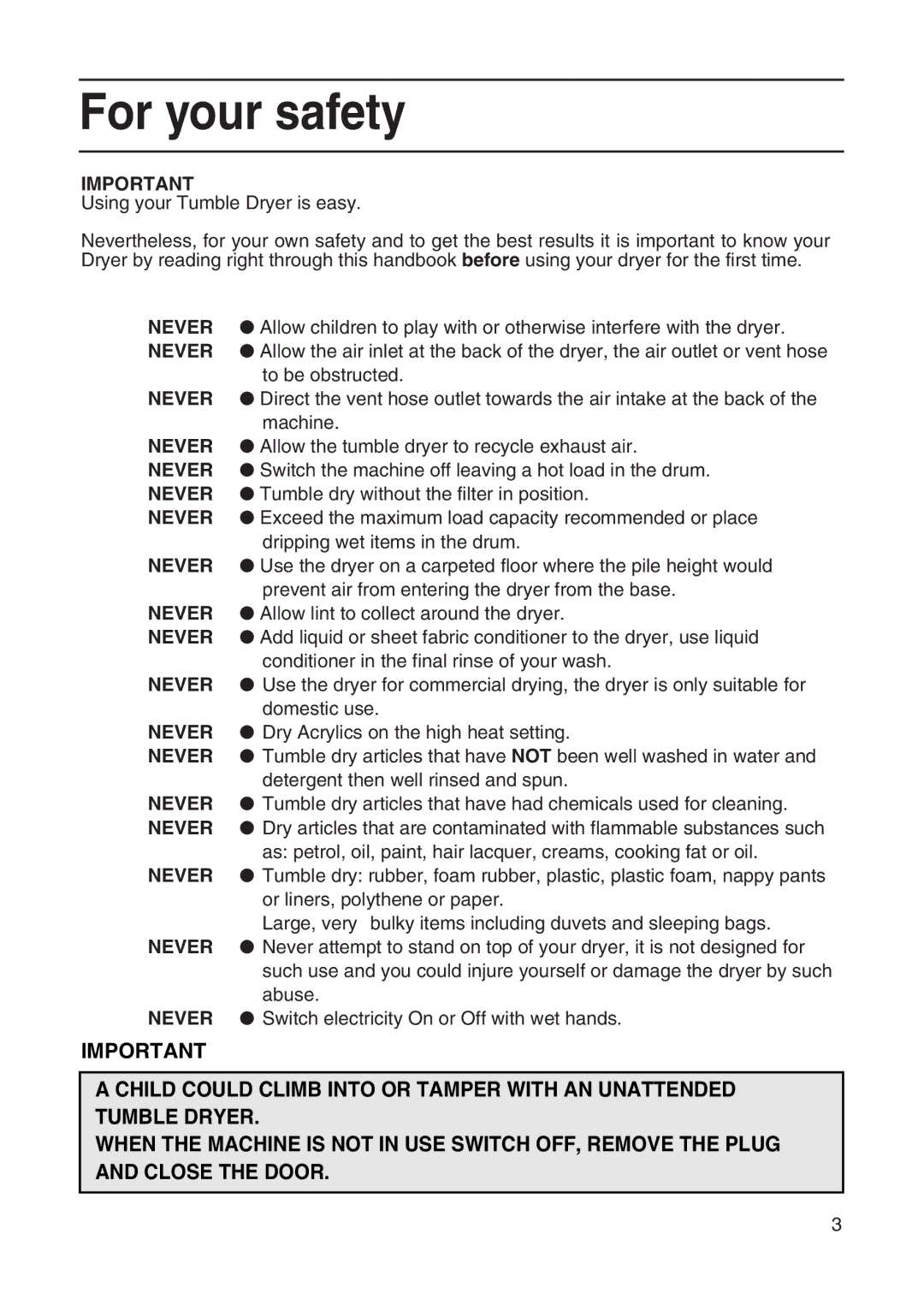 Hotpoint TDL13, TVM35, TDL32, TDL34, TDL12 manual For your safety 