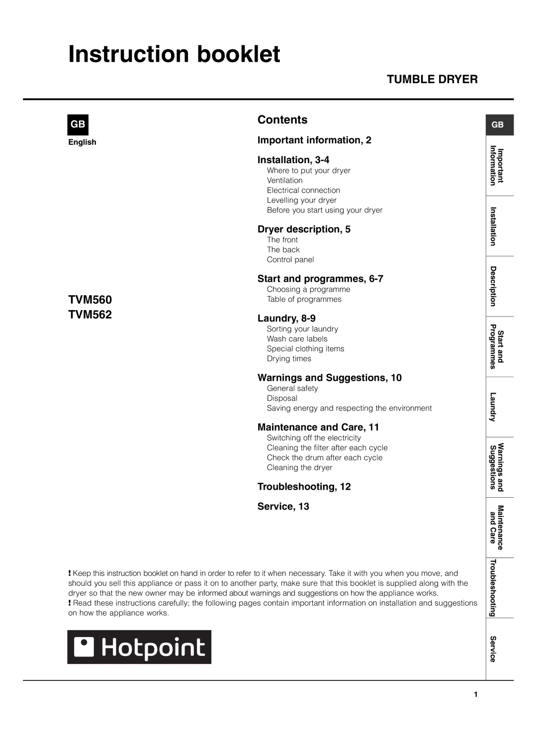 Hotpoint TVM562, TVM560 manual Instruction booklet, Tumble Dryer 