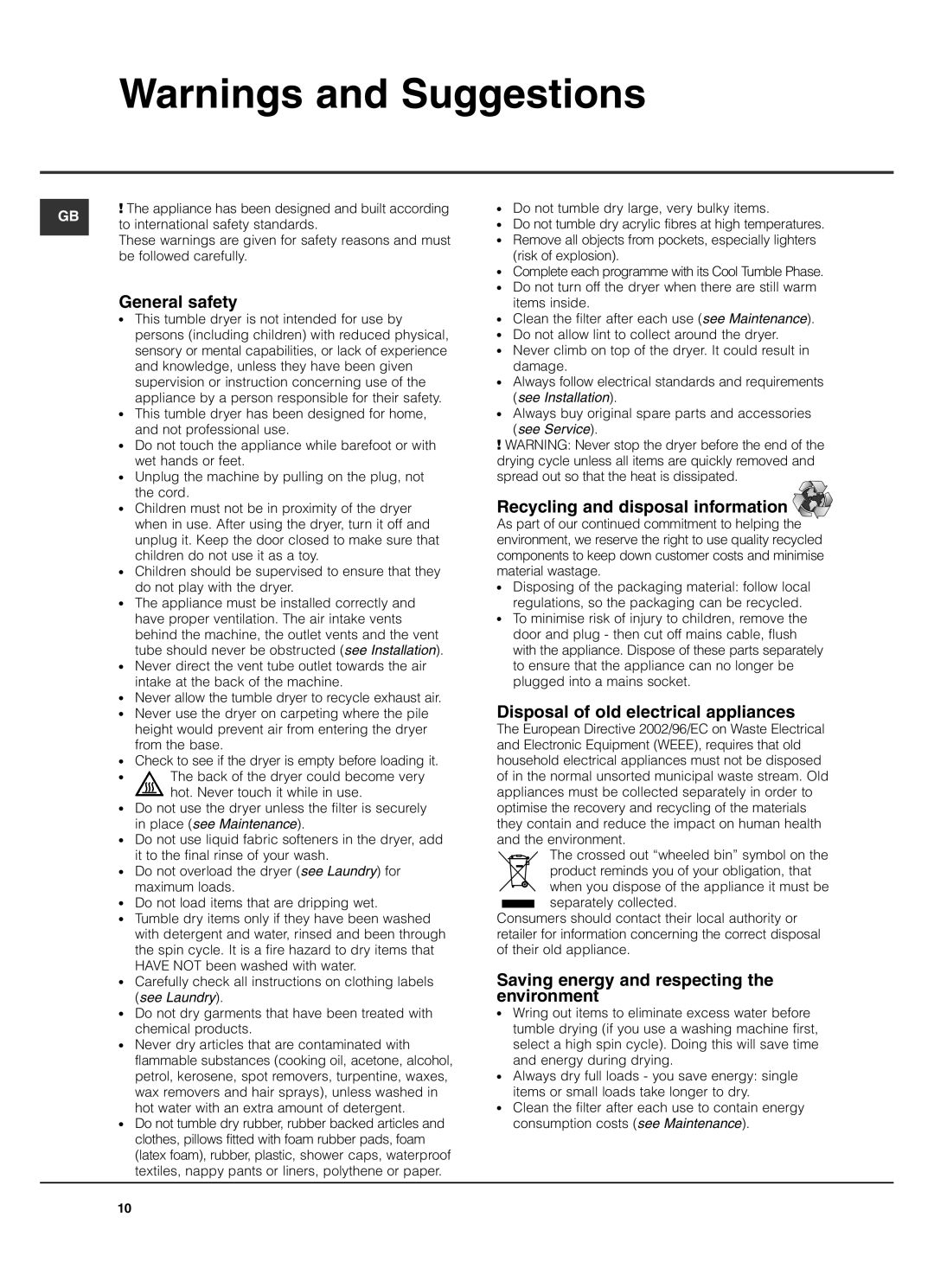 Hotpoint TVM560, TVM562 manual General safety, Recycling and disposal information, Disposal of old electrical appliances 