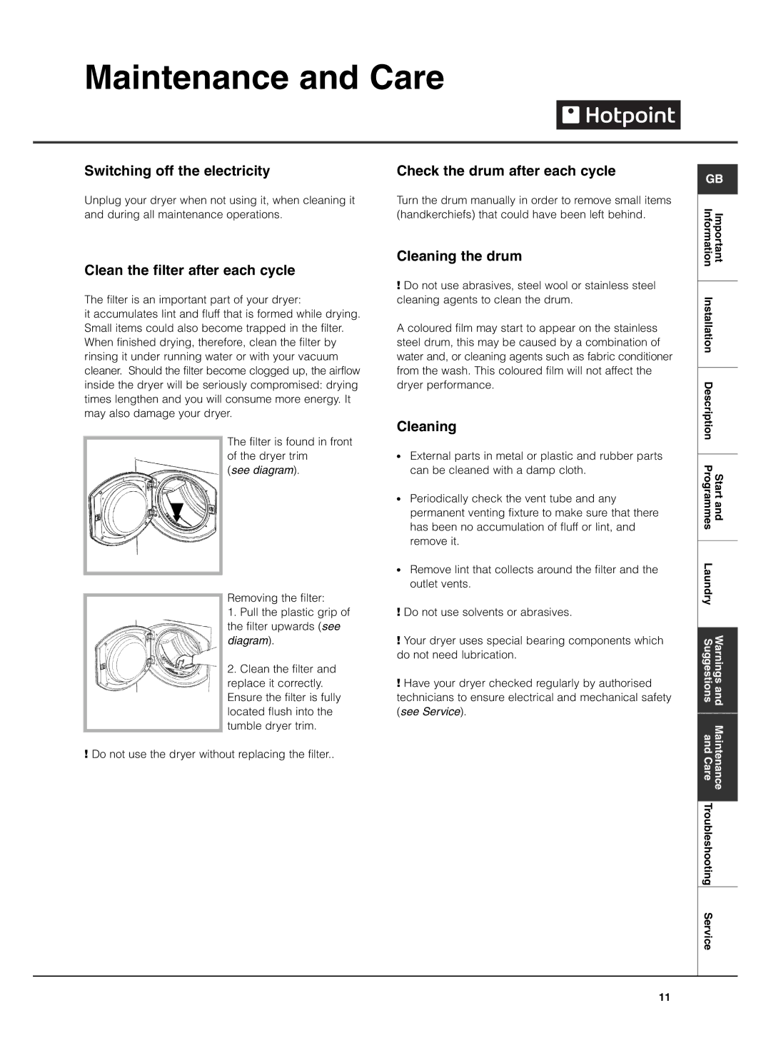 Hotpoint TVM562, TVM560 manual Maintenance and Care 