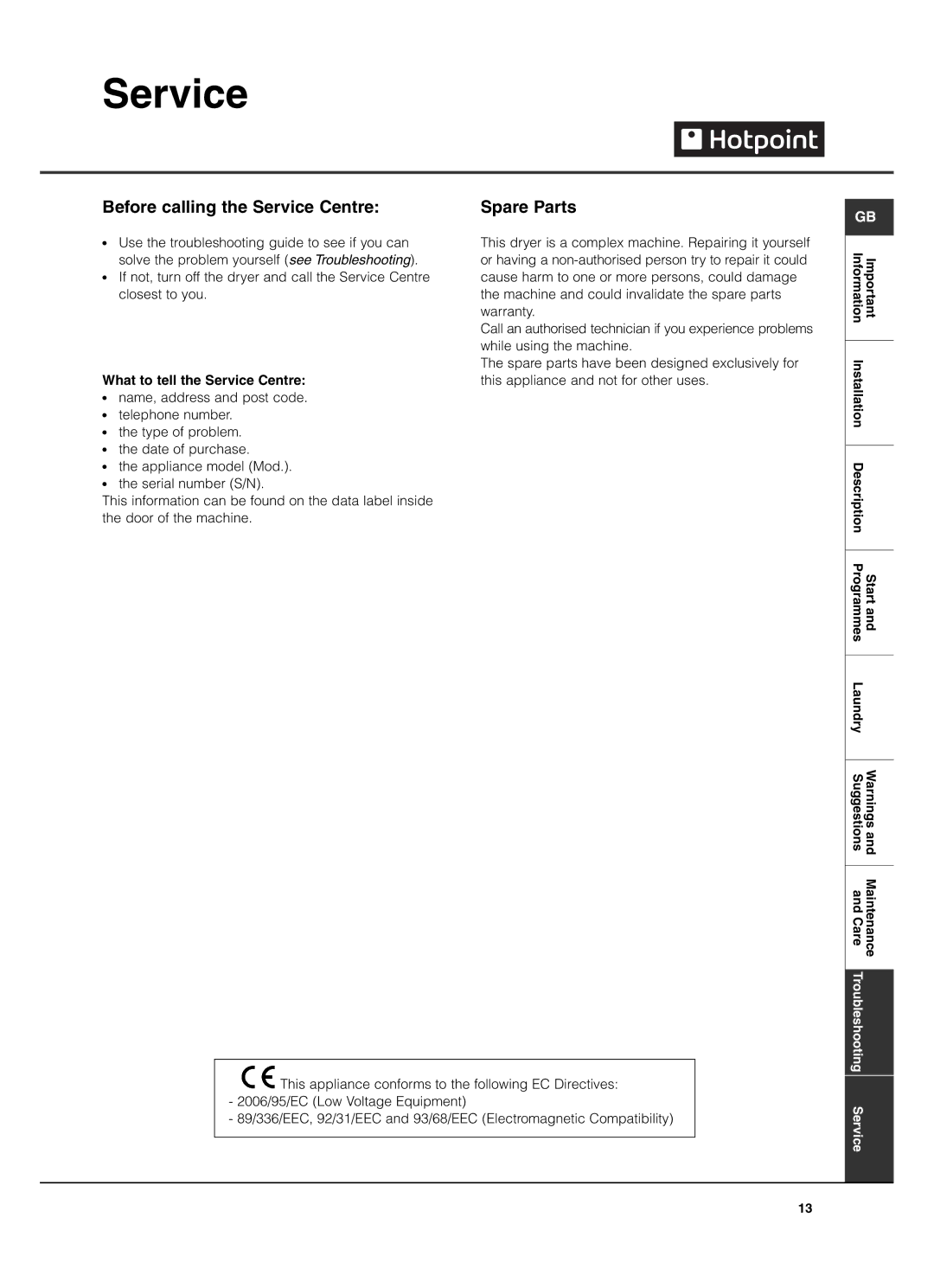 Hotpoint TVM562, TVM560 manual Before calling the Service Centre, Spare Parts, What to tell the Service Centre 