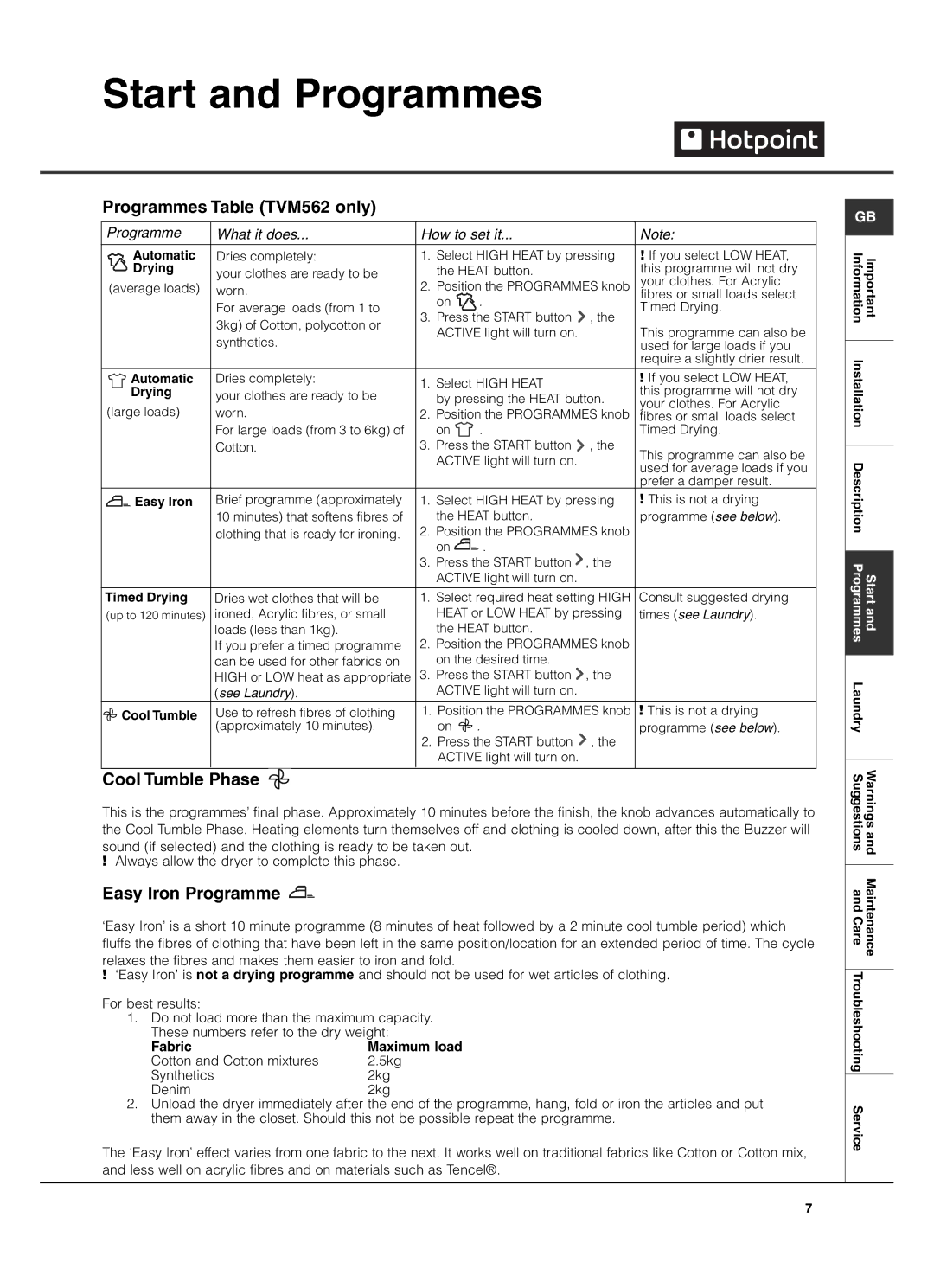 Hotpoint TVM560 manual Programmes Table TVM562 only, Cool Tumble Phase, Easy Iron Programme, Fabric 