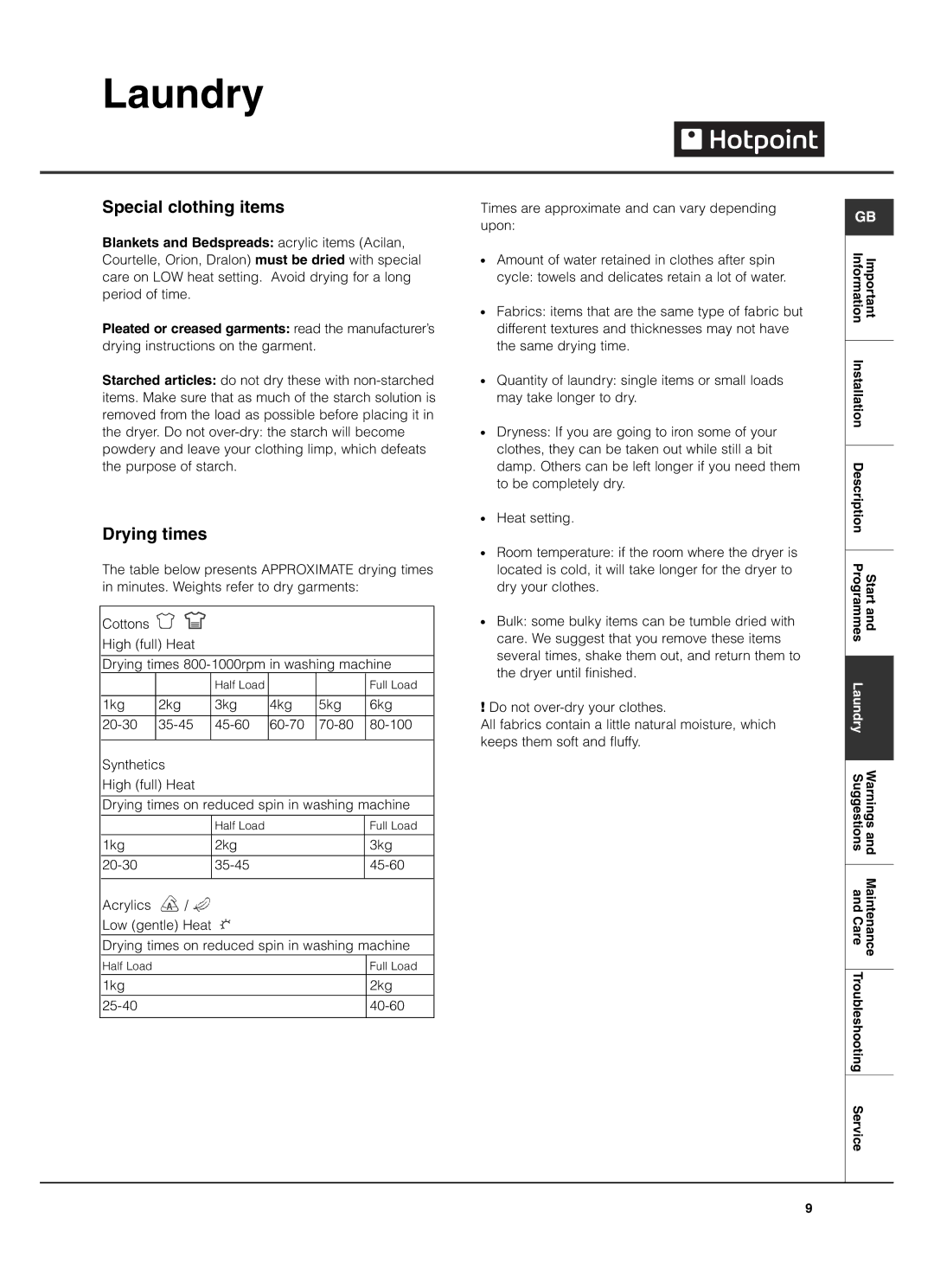 Hotpoint TVM562, TVM560 manual Special clothing items, Drying times 