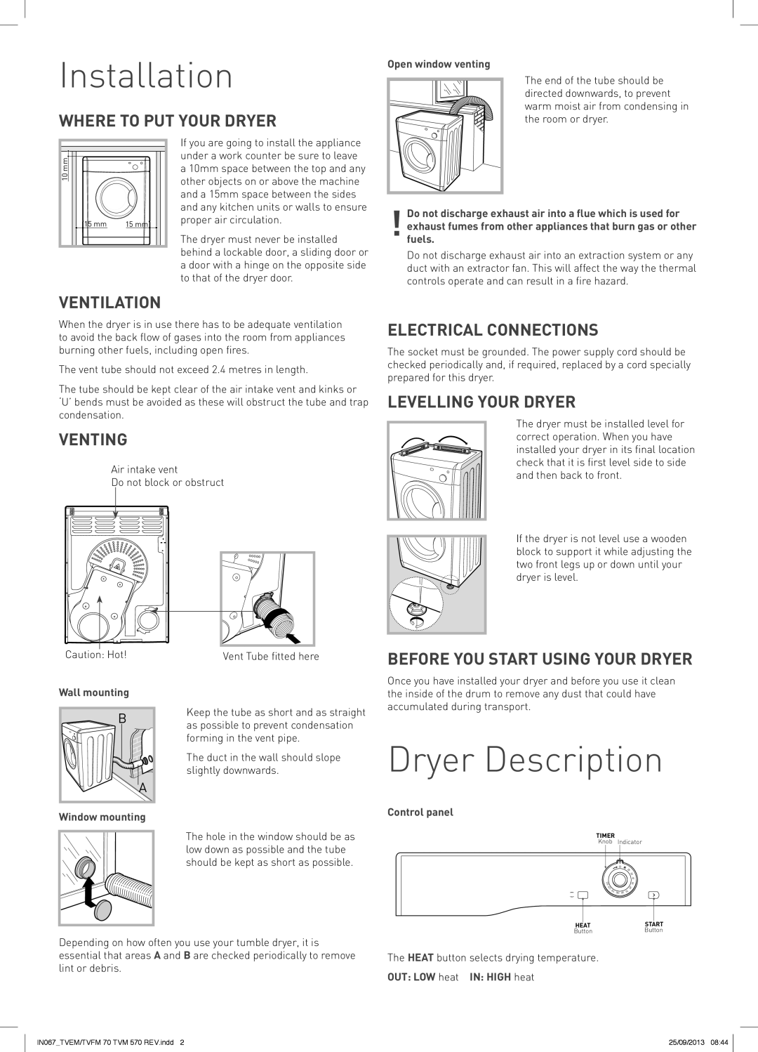 Hotpoint TVFM70, TVM570, TVEM70 manual Installation, Dryer Description 