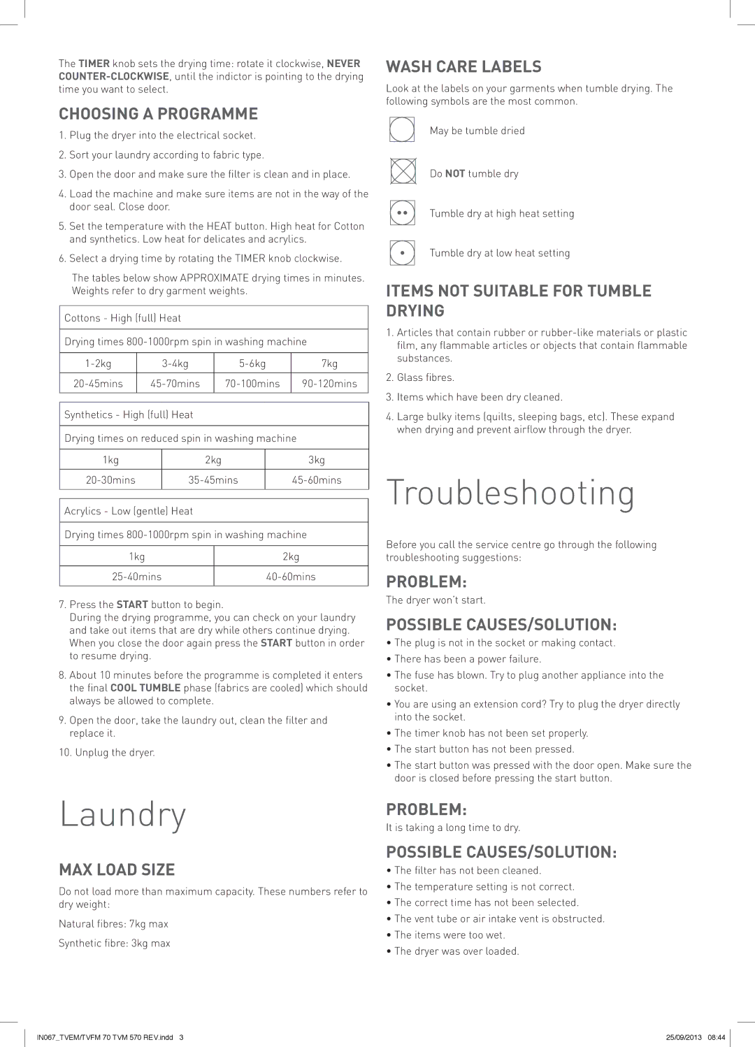 Hotpoint TVM570, TVEM70, TVFM70 manual Laundry, Troubleshooting 