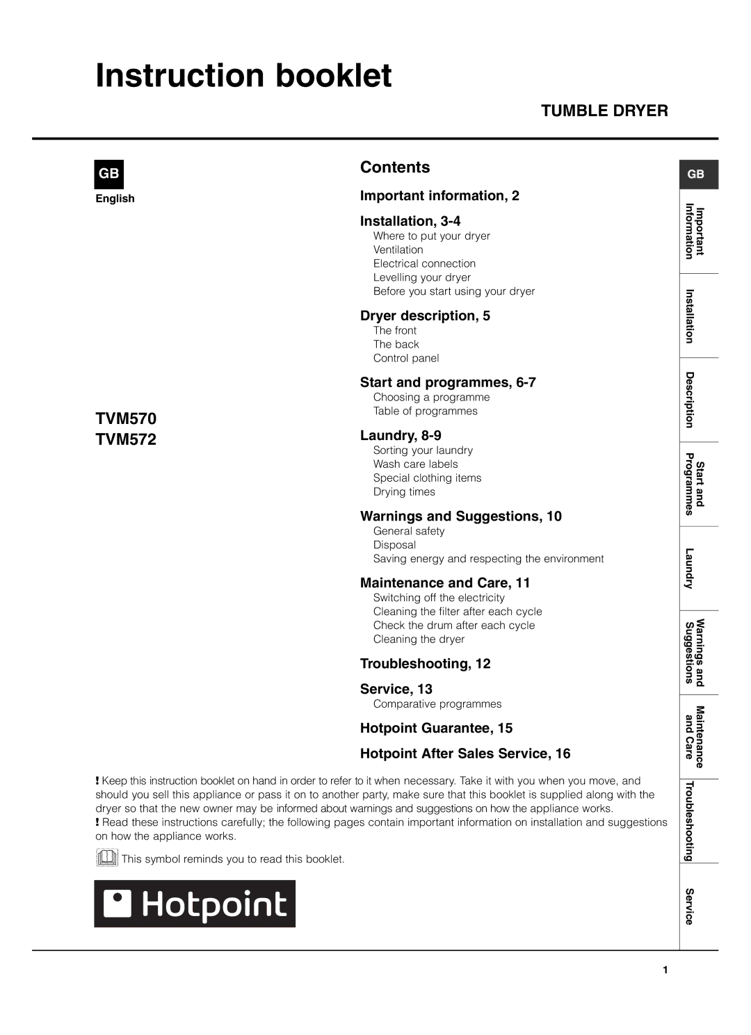 Hotpoint TVM572 manual Instruction booklet, Tumble Dryer 