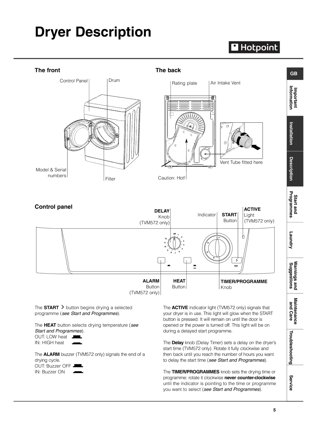 Hotpoint TVM572 manual Dryer Description, Front, Control panel, Button, Knob 