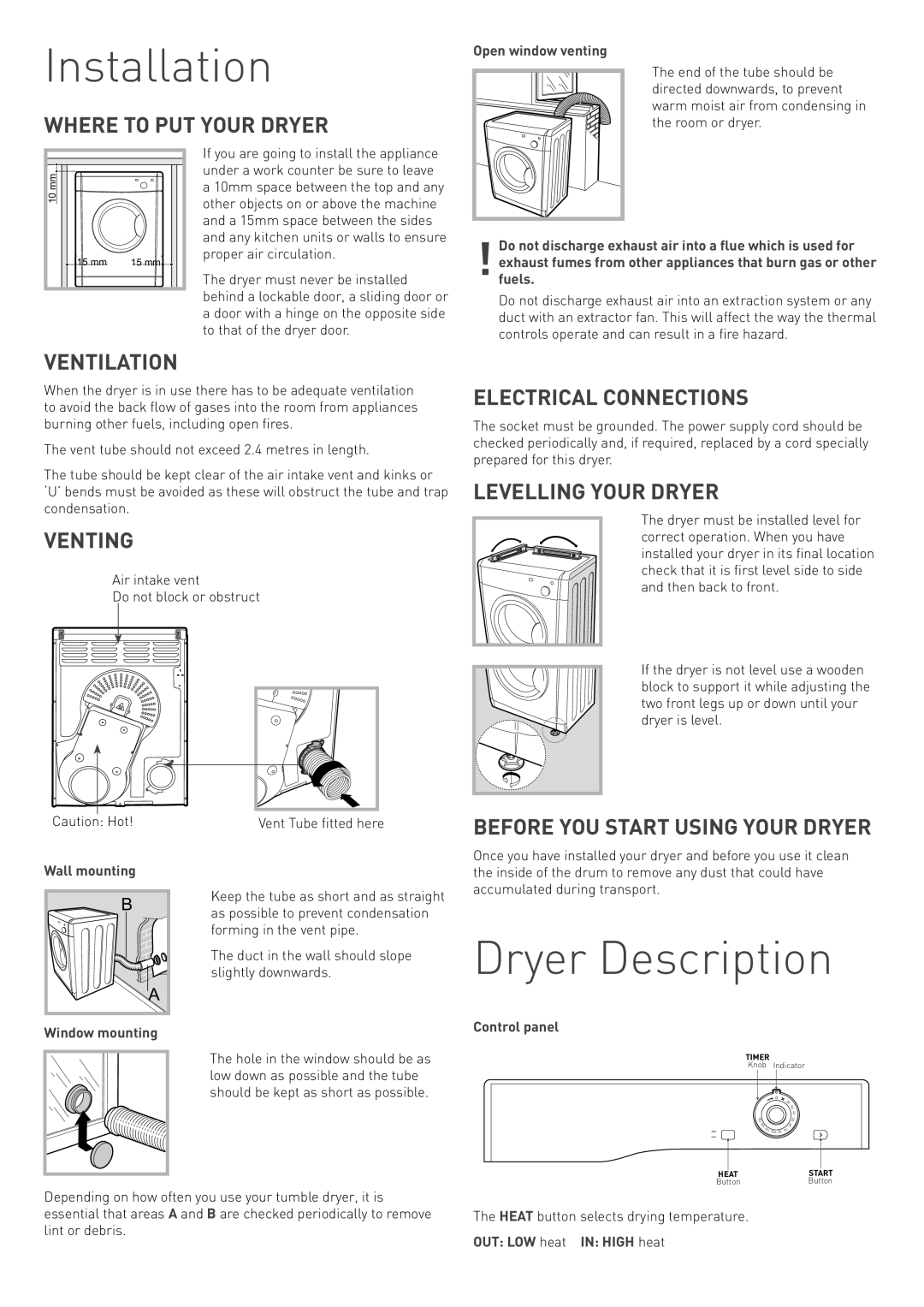 Hotpoint TVFM 70, TVYM 650, TVM 570, TVEM 70 manual Installation, Dryer Description 