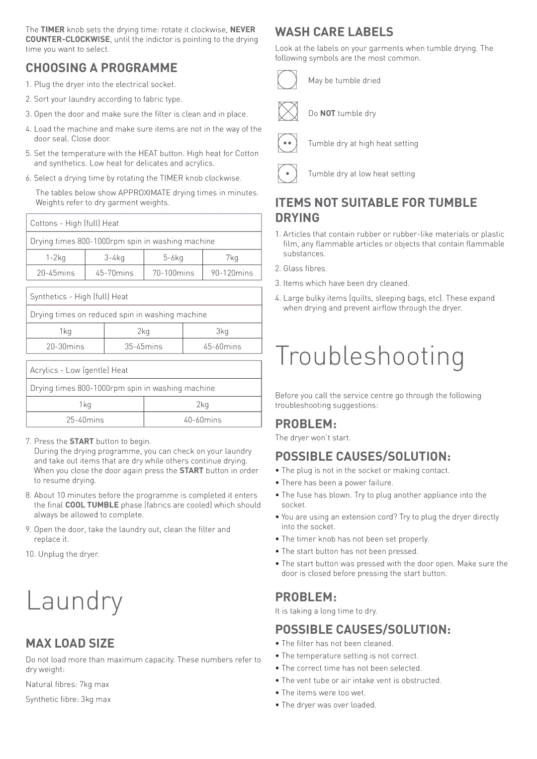 Hotpoint TVEM 70, TVYM 650, TVM 570, TVFM 70 manual Laundry, Troubleshooting 