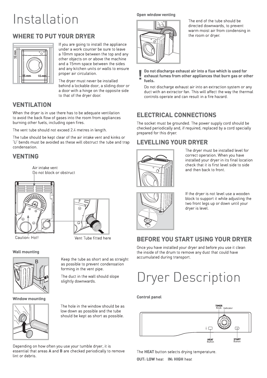Hotpoint TVFM 70 Installation, Dryer Description, Where To Put Your Dryer, Ventilation, Venting, Electrical Connections 