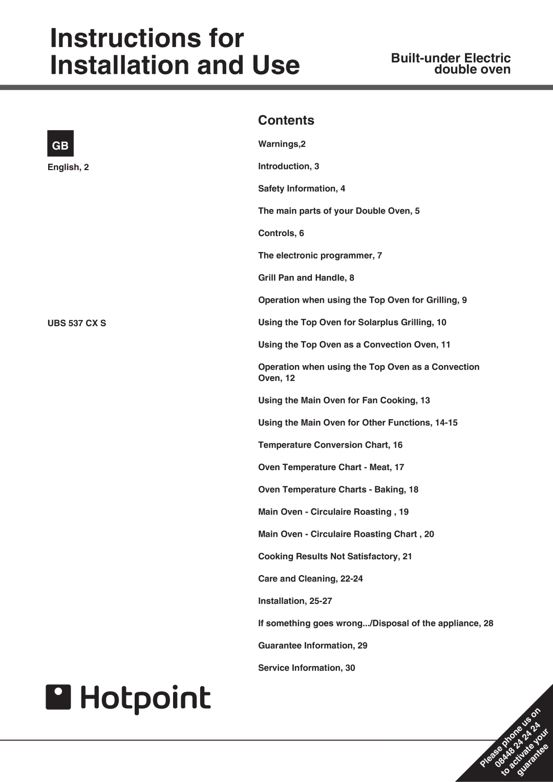 Hotpoint UBS 537 CX S manual Instructions for Installation and Use, Contents 