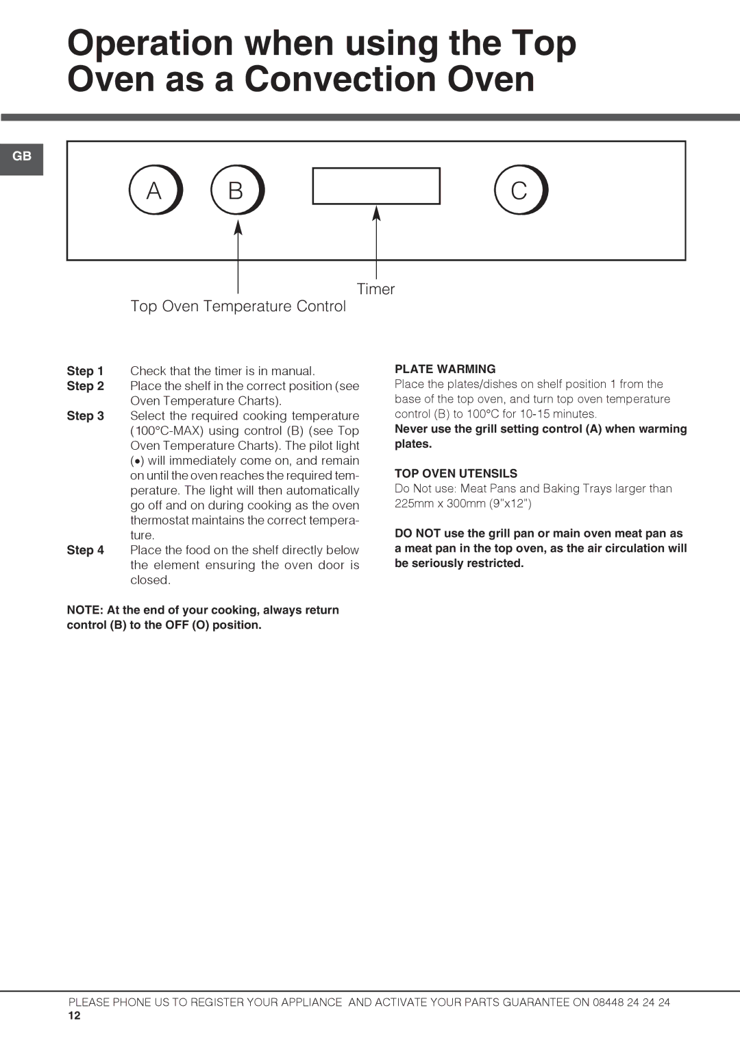 Hotpoint UBS 537 CX S manual Operation when using the Top Oven as a Convection Oven, Plate Warming, TOP Oven Utensils 