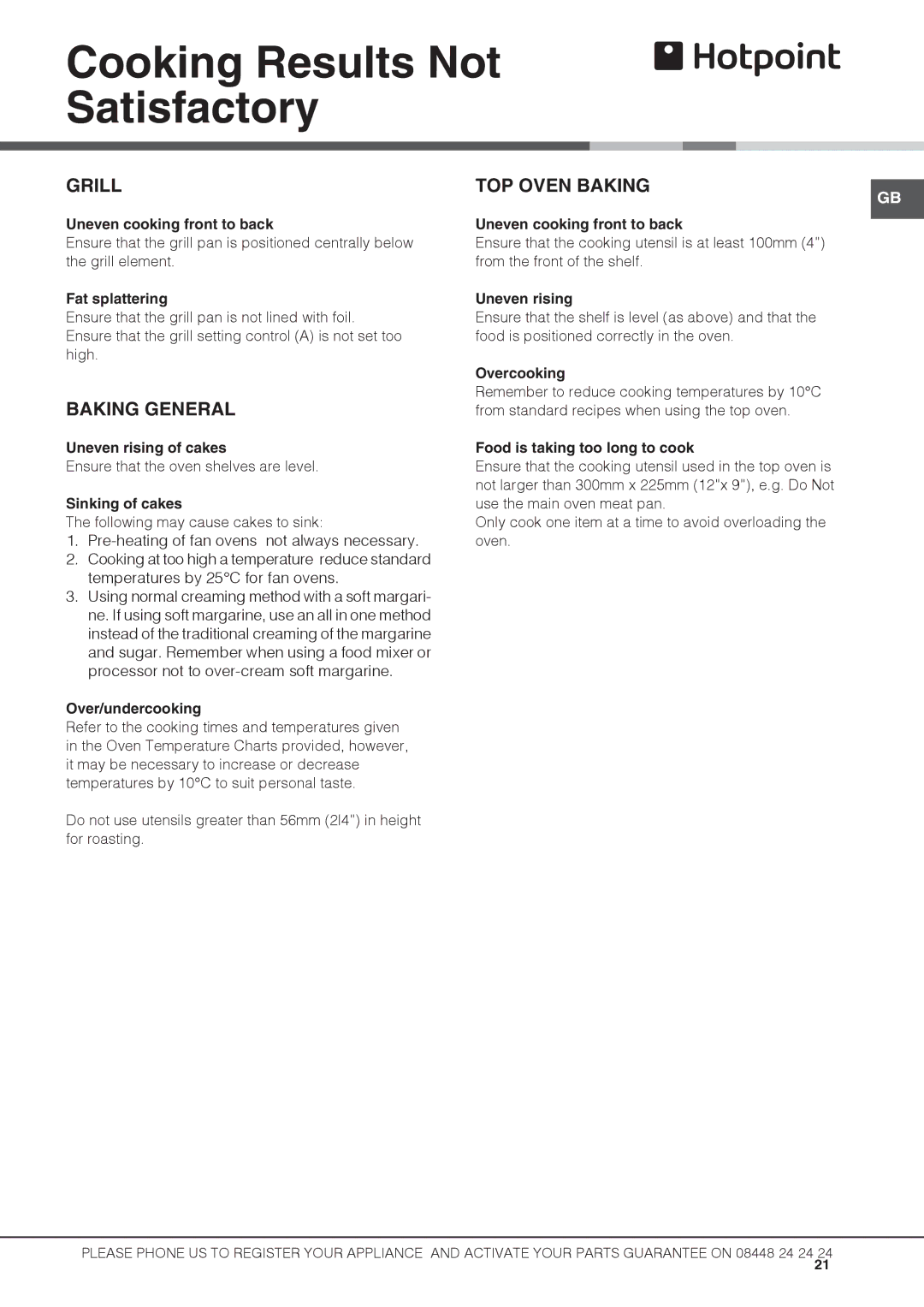 Hotpoint UBS 537 CX S manual Cooking Results Not Satisfactory, Grill, Baking General, TOP Oven Baking 