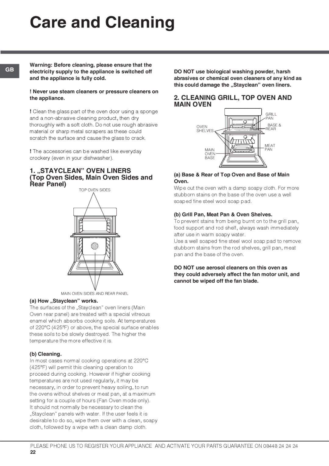 Hotpoint UBS 537 CX S manual Care and Cleaning, „STAYCLEAN Oven Liners, Top Oven Sides, Main Oven Sides Rear Panel 