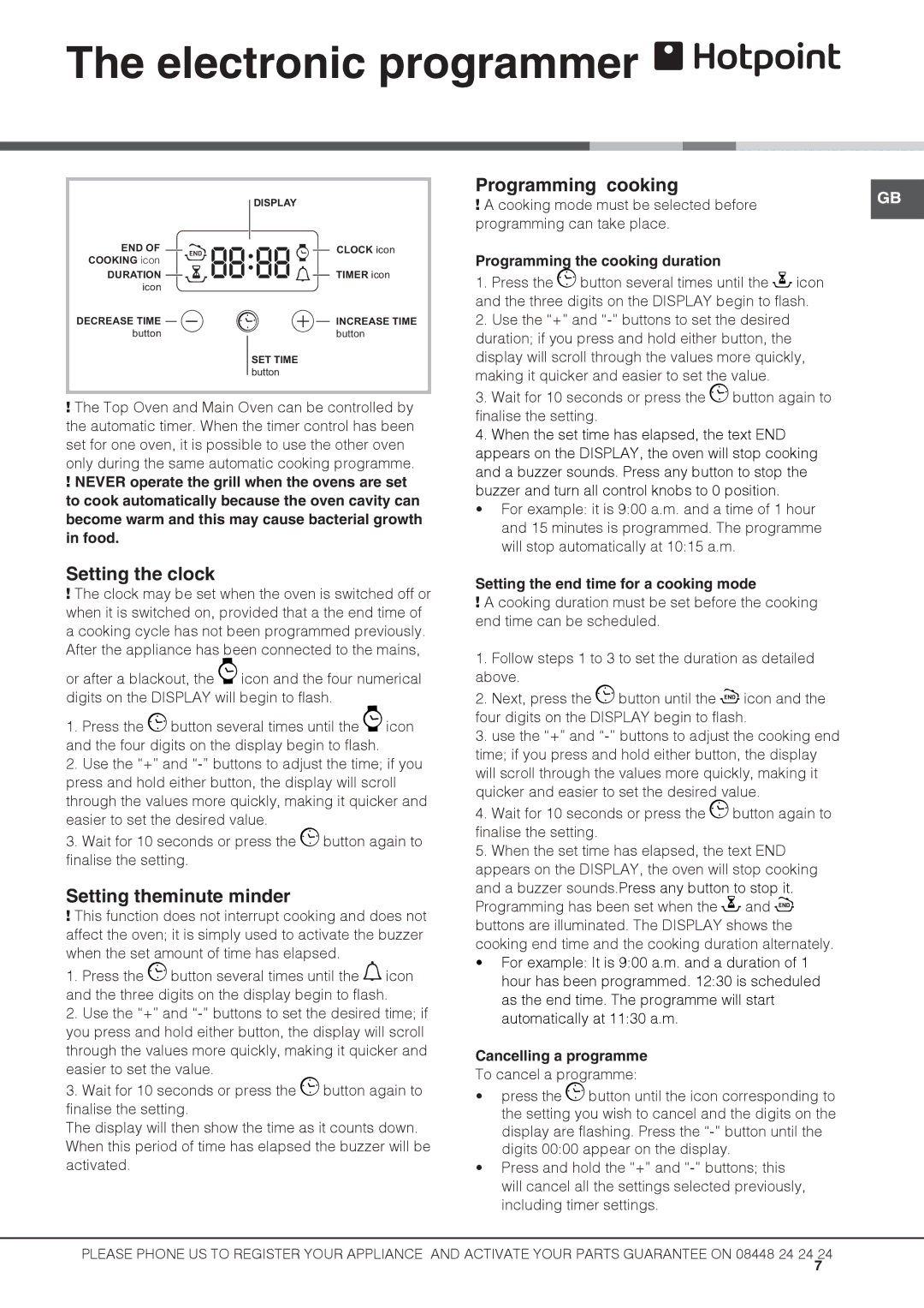 Hotpoint UBS 537 CX S manual Electronic programmer, Setting the clock, Setting theminute minder, Programming cooking 