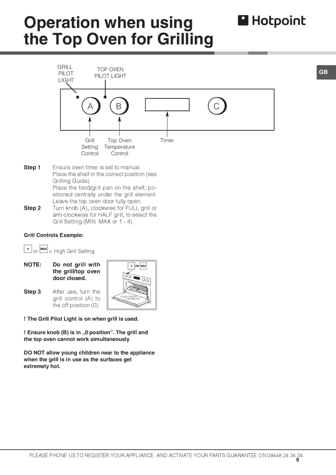 Hotpoint UBS 537 CX S manual Operation when using the Top Oven for Grilling, Grill Controls Example 