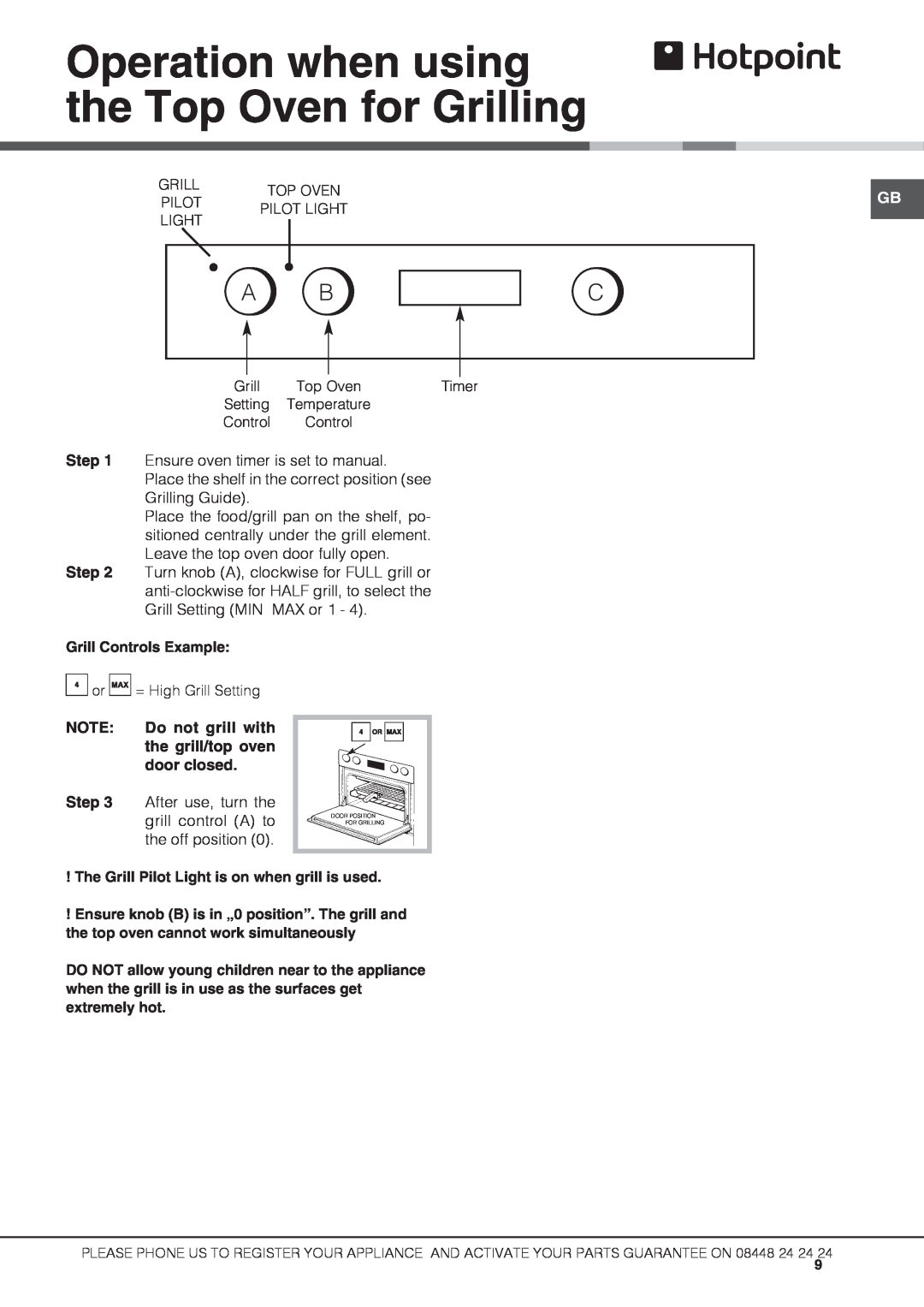 Hotpoint UBS 537 CX S manual Operation when using the Top Oven for Grilling, Grill Controls Example 
