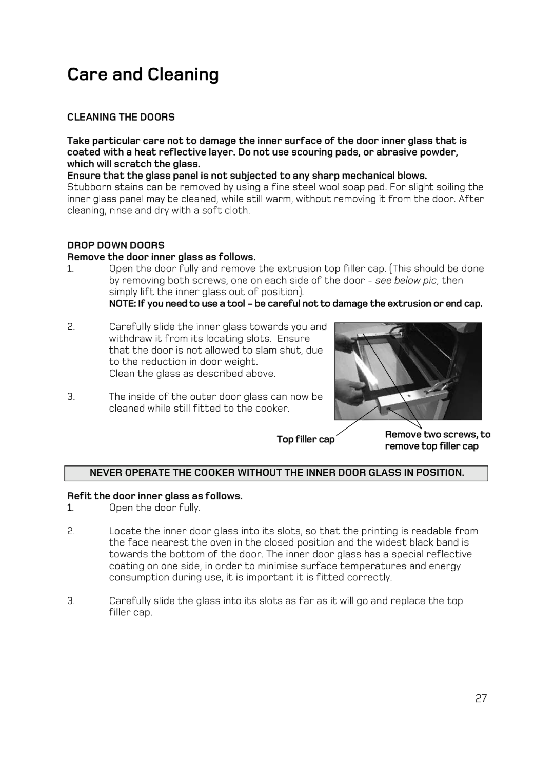 Hotpoint UE89X1 UQ89I manual Remove the door inner glass as follows, Top filler cap, Refit the door inner glass as follows 