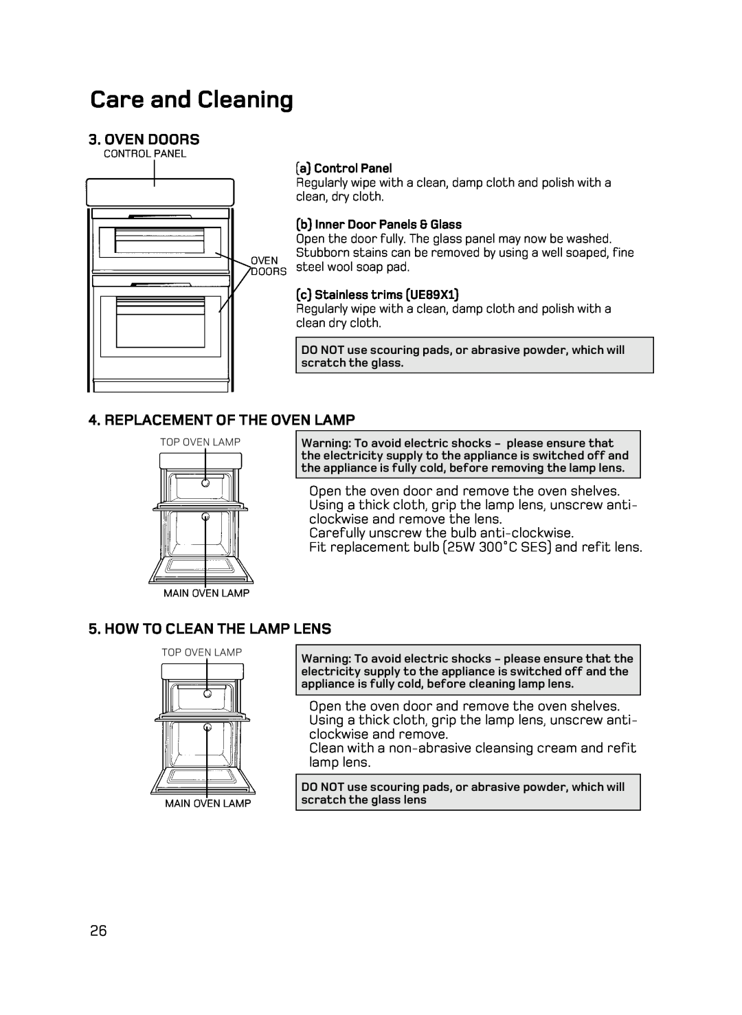 Hotpoint UE89X1 UQ89I manual Care and Cleaning, Oven Doors, Replacement Of The Oven Lamp, How To Clean The Lamp Lens 