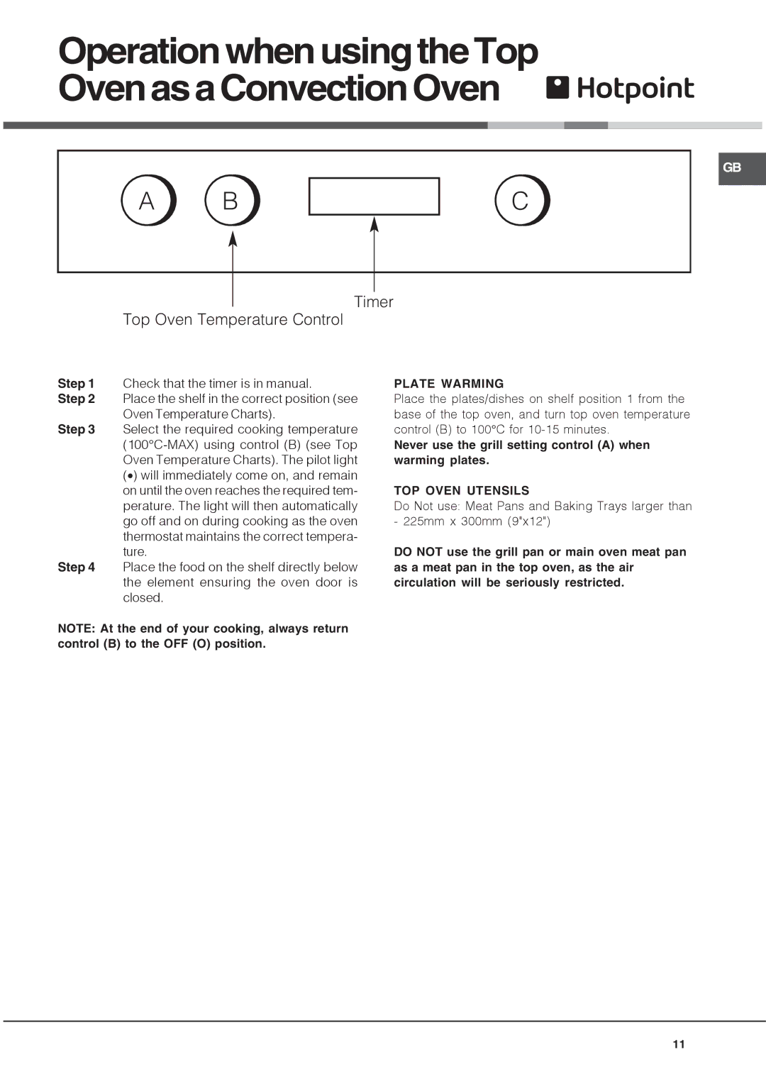 Hotpoint UH 53 K, UH 53 W, UHS 53 X manual OperationwhenusingtheTop OvenasaConvectionOven, Plate Warming, TOP Oven Utensils 