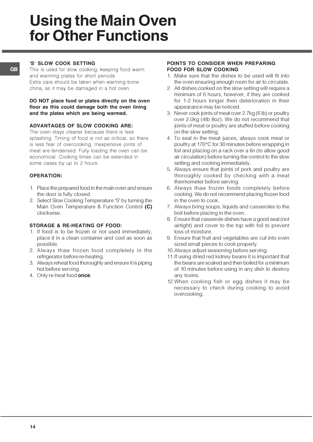 Hotpoint UH 53 B manual Using the Main Oven for Other Functions, Slow Cook Setting, Operation, Storage & RE-HEATING of Food 