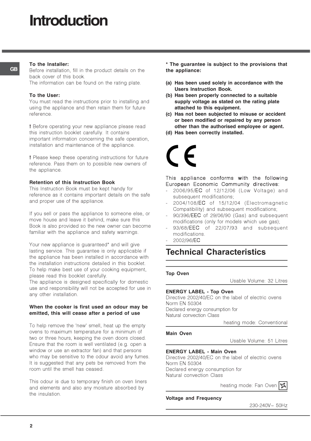 Hotpoint UH 53 B, UH 53 W, UHS 53 X, UH 53 K Introduction, To the Installer, To the User, Retention of this Instruction Book 