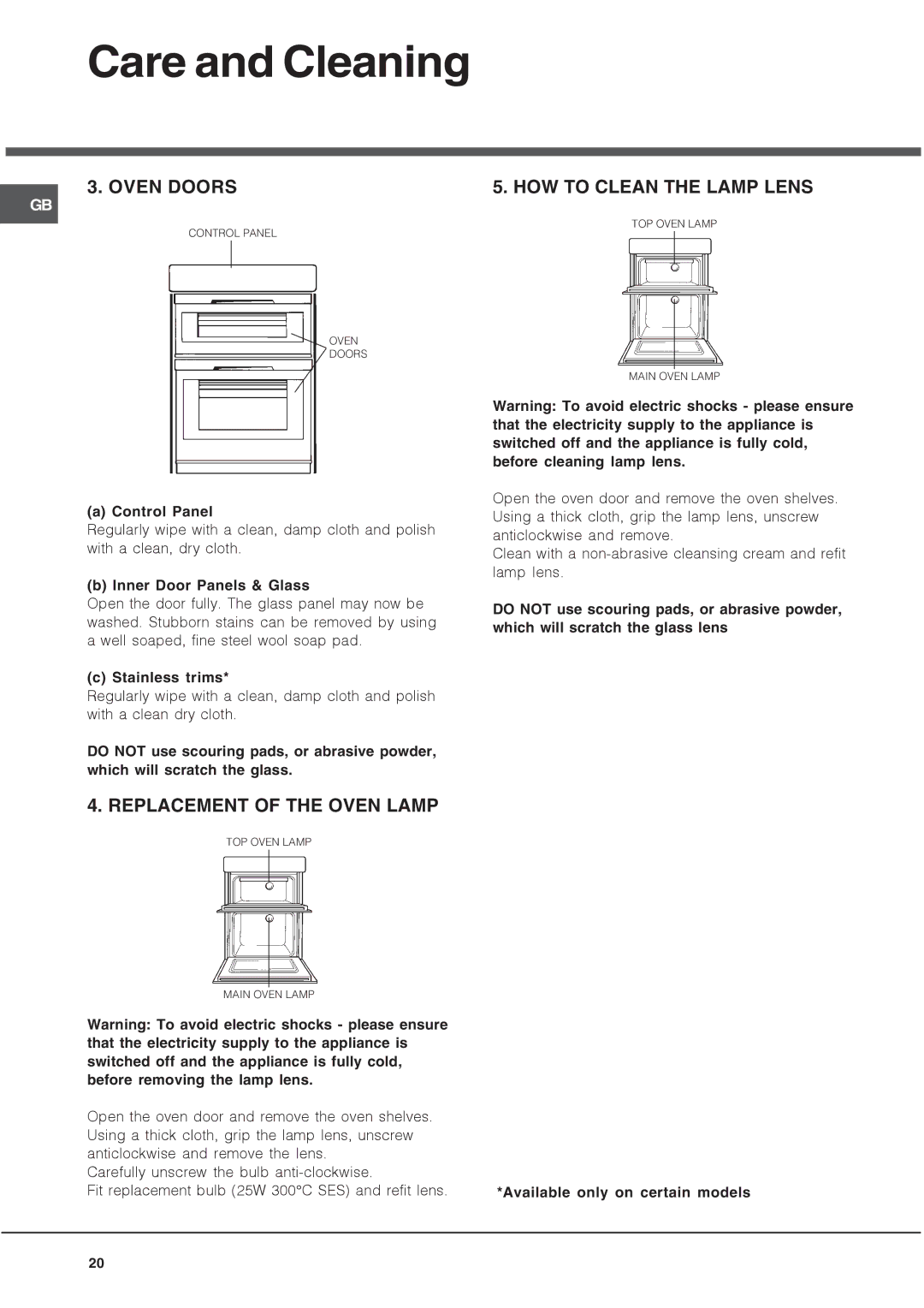 Hotpoint UH 53 W, UHS 53 X, UH 53 B, UH 53 K manual Oven Doors, Replacement of the Oven Lamp, HOW to Clean the Lamp Lens 