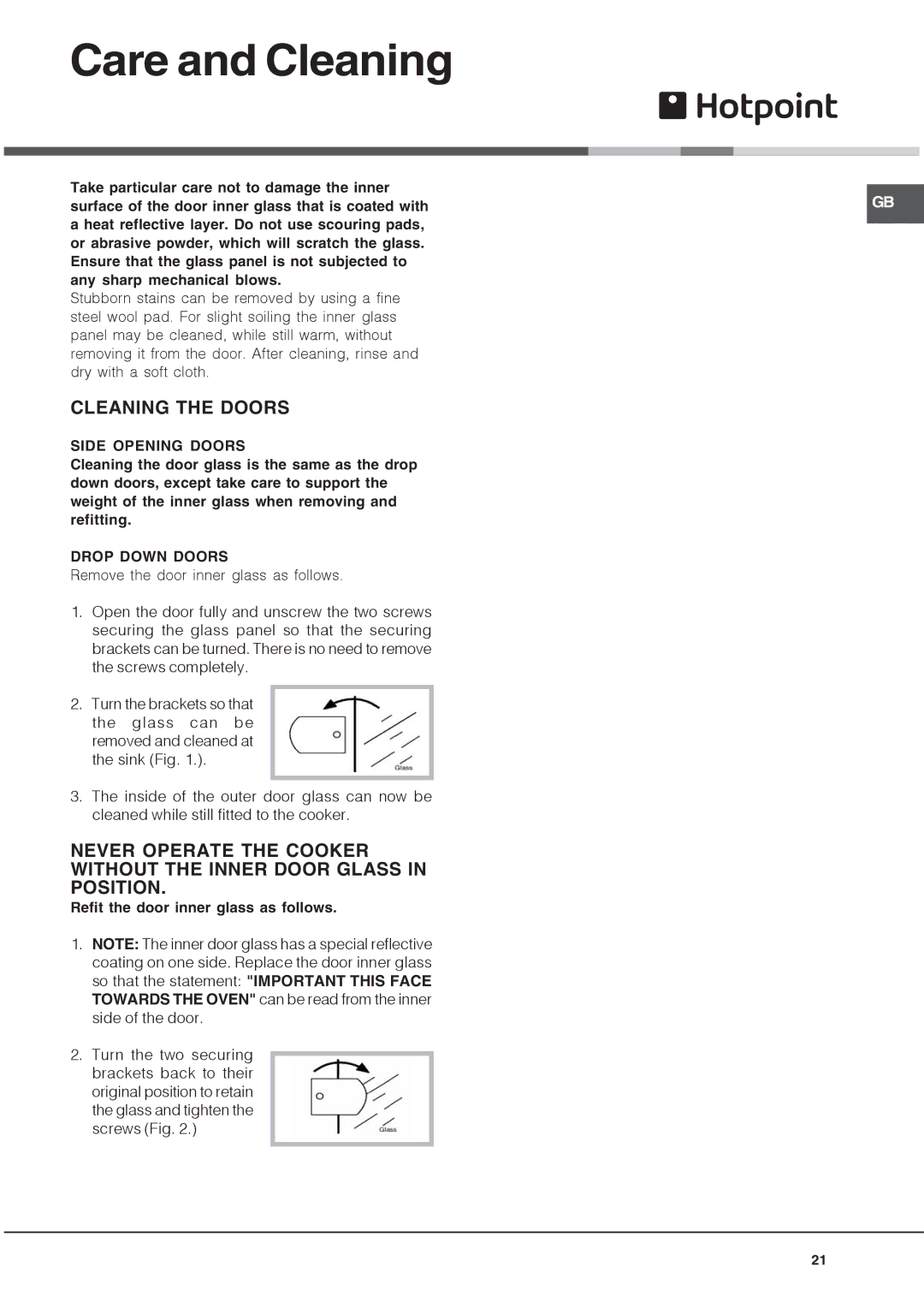 Hotpoint UHS 53 X, UH 53 W Cleaning the Doors, Side Opening Doors, Drop Down Doors, Refit the door inner glass as follows 