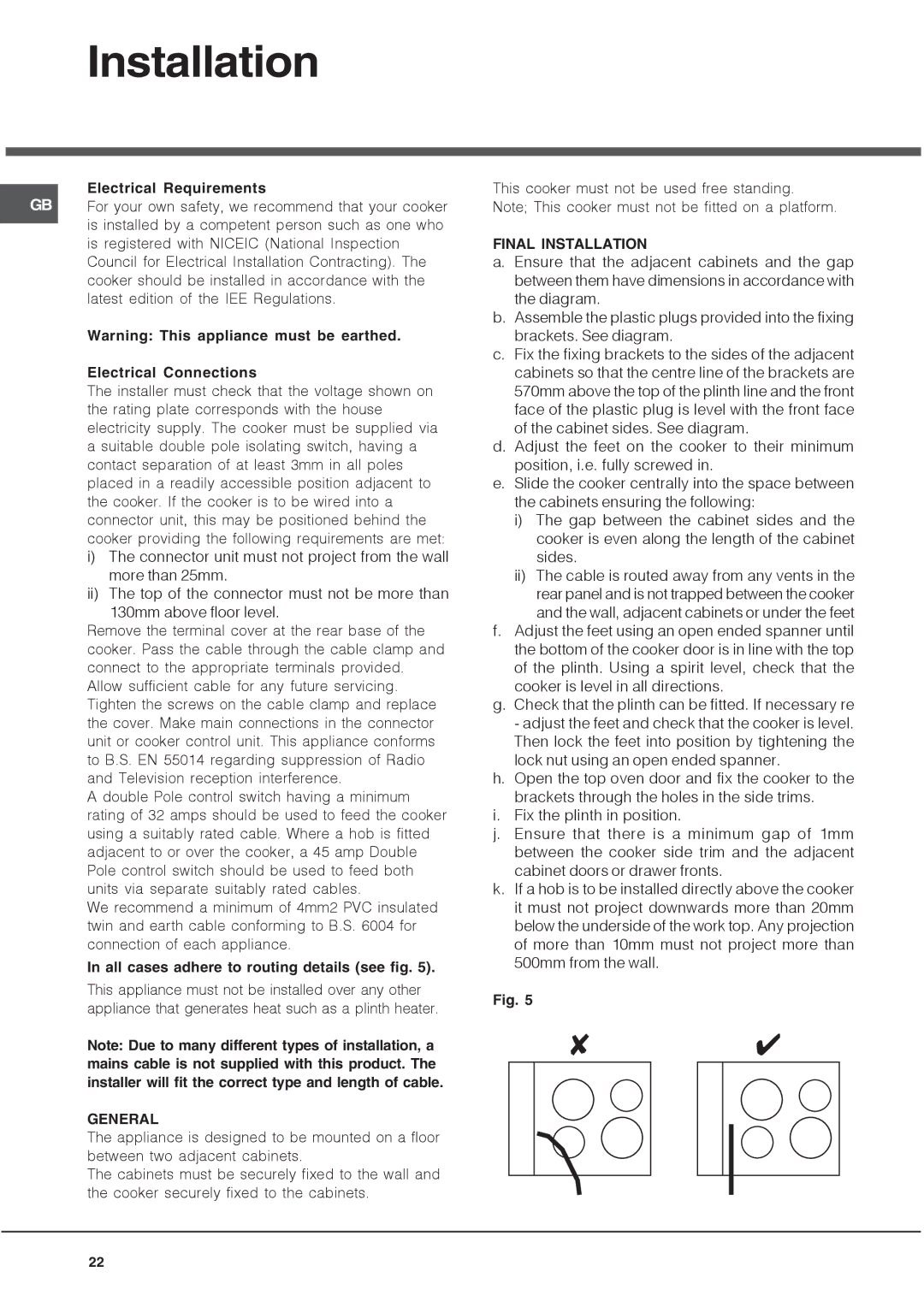 Hotpoint UH 53 B, UH 53 W, UHS 53 X, UH 53 K manual Final Installation, General 