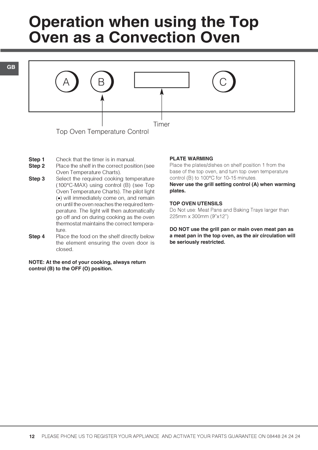 Hotpoint UH53B S, UHS53X S, UD53X Operation when using the Top Oven as a Convection Oven, Plate Warming, TOP Oven Utensils 