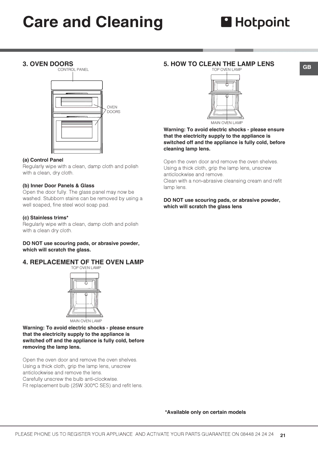 Hotpoint UH53K S, UHS53X S, UH53B S, Uh53W S, UD53X manual Oven Doors, Replacement of the Oven Lamp, HOW to Clean the Lamp Lens 