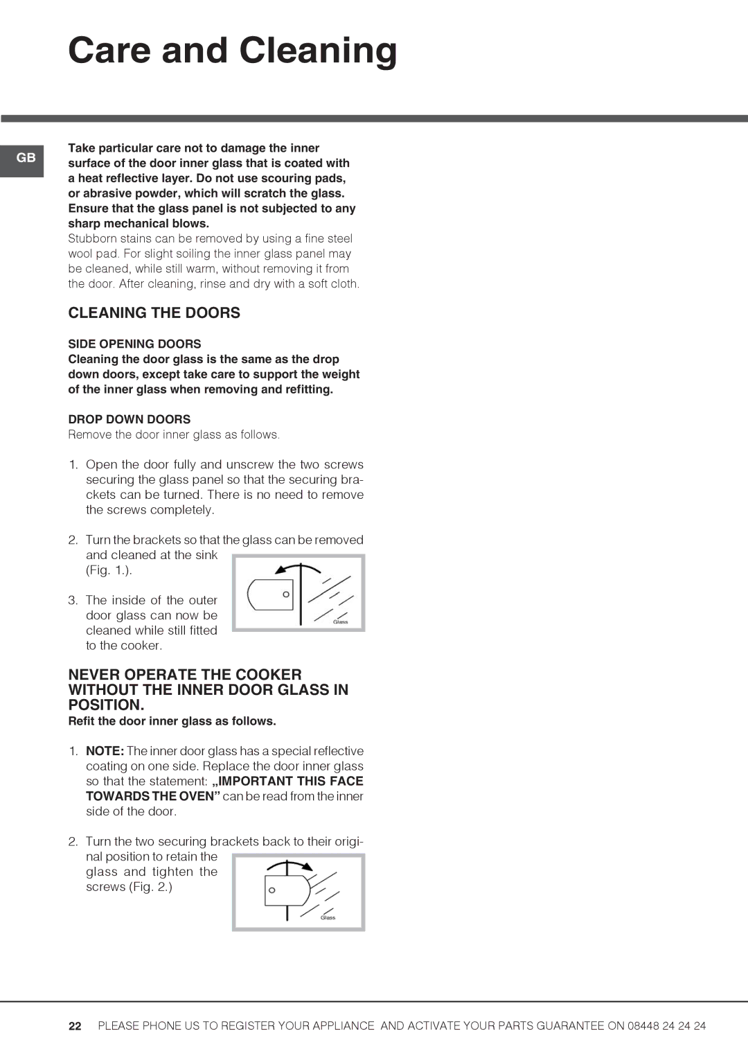 Hotpoint UH53B S Cleaning the Doors, Take particular care not to damage the inner, Side Opening Doors, Drop Down Doors 