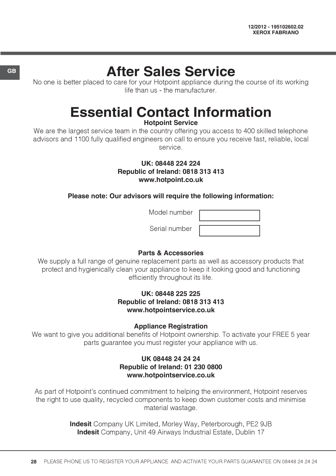 Hotpoint Uh53W S, UHS53X S Hotpoint Service, Republic of Ireland 0818 313, Parts & Accessories, Appliance Registration 