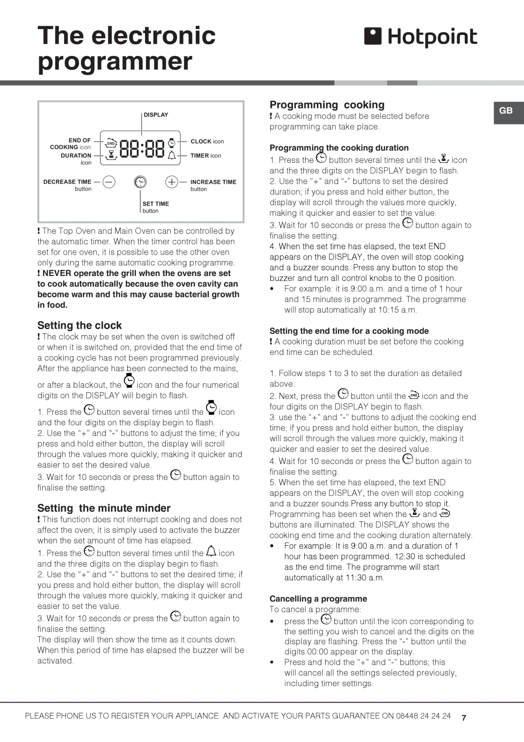 Hotpoint UH53B S, UHS53X S, UD53X Electronic programmer, Setting the clock, Setting the minute minder, Programming cooking 