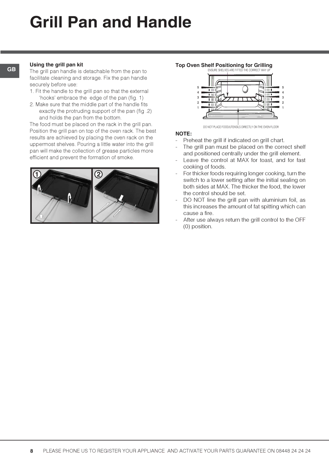 Hotpoint Uh53W S, UHS53X S, UH53K S Grill Pan and Handle, Using the grill pan kit, Top Oven Shelf Positioning for Grilling 