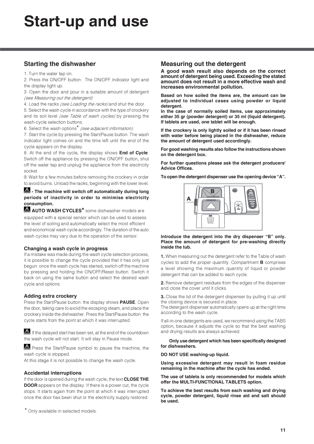 Hotpoint FDUD 43133, ULTIMA manual Start-up and use, Starting the dishwasher, Measuring out the detergent 