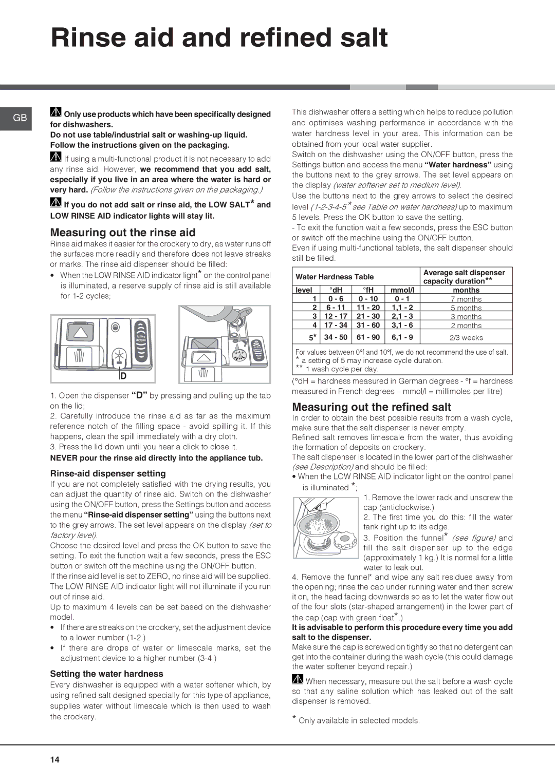 Hotpoint ULTIMA, FDUD 43133 manual Rinse aid and refined salt, Measuring out the rinse aid, Measuring out the refined salt 