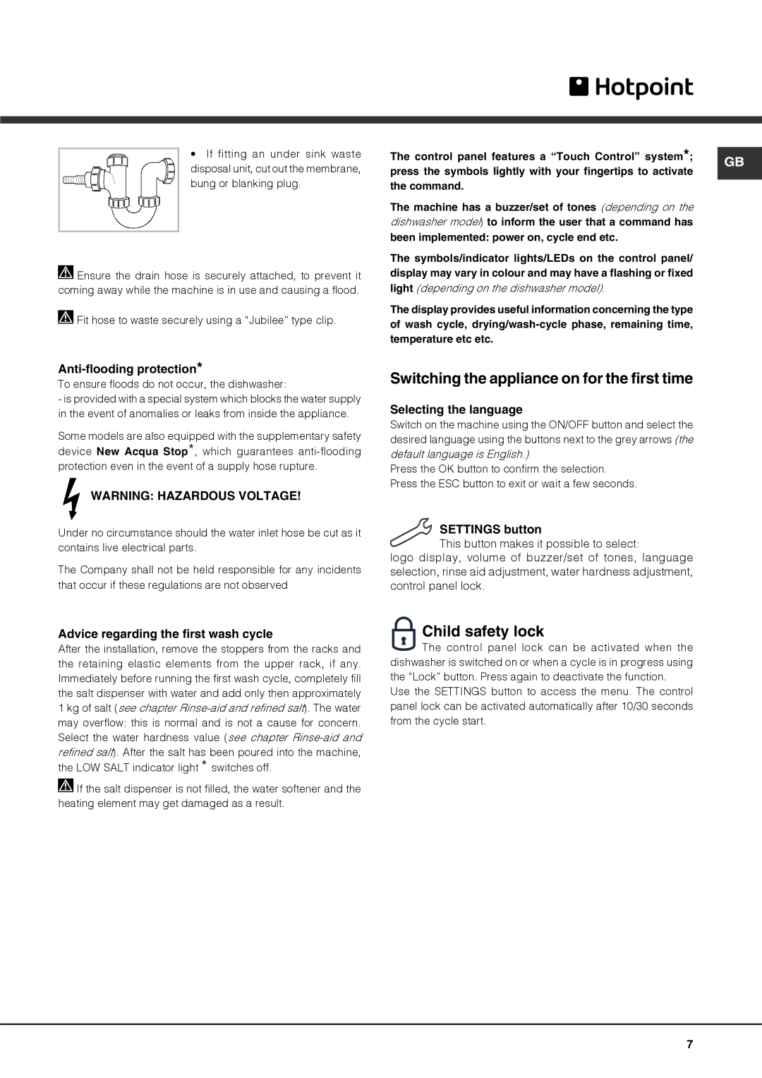 Hotpoint FDUD 43133, ULTIMA manual Switching the appliance on for the first time, Child safety lock 