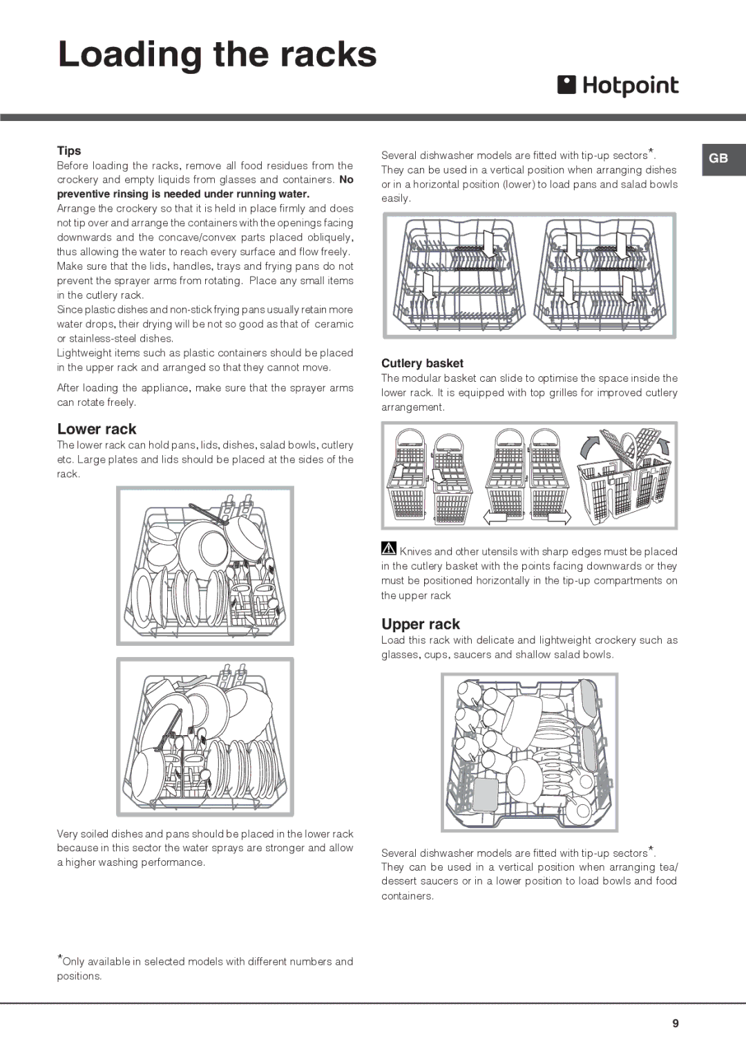 Hotpoint FDUD 43133, ULTIMA manual Loading the racks, Lower rack, Upper rack, Tips, Cutlery basket 