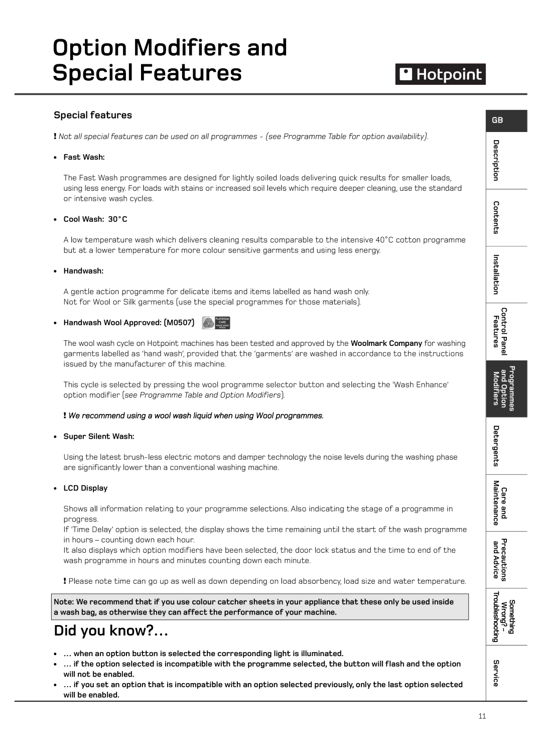 Hotpoint Ultima LCD manual Option Modifiers Special Features, Special features 