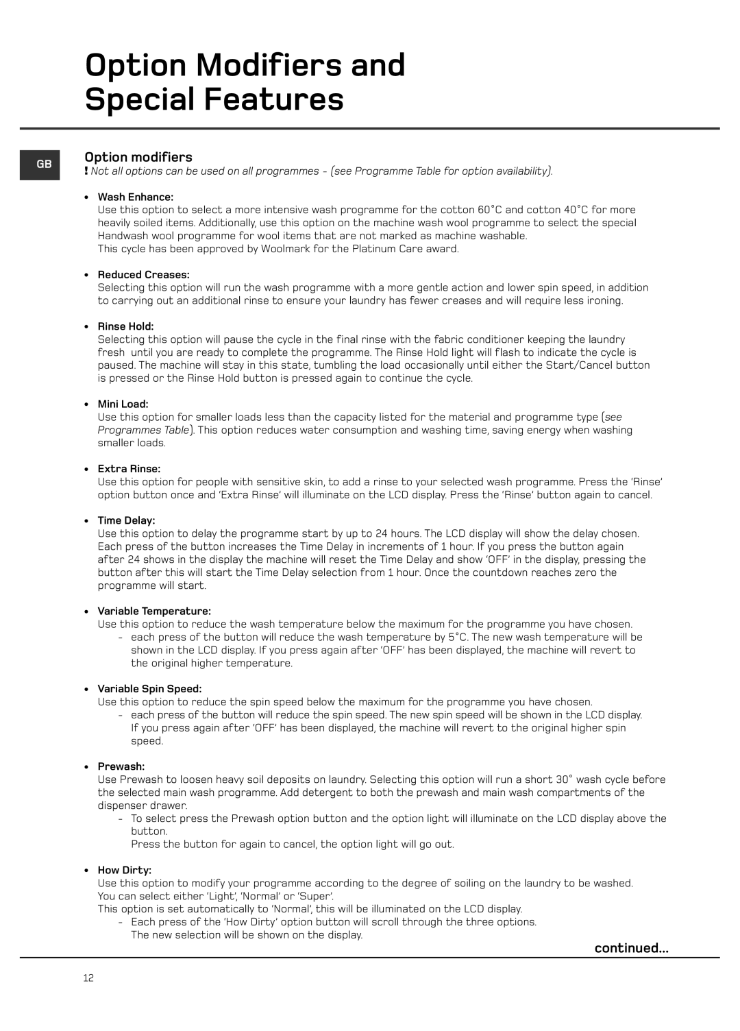 Hotpoint Ultima LCD manual Option Modifiers, Option modifiers 