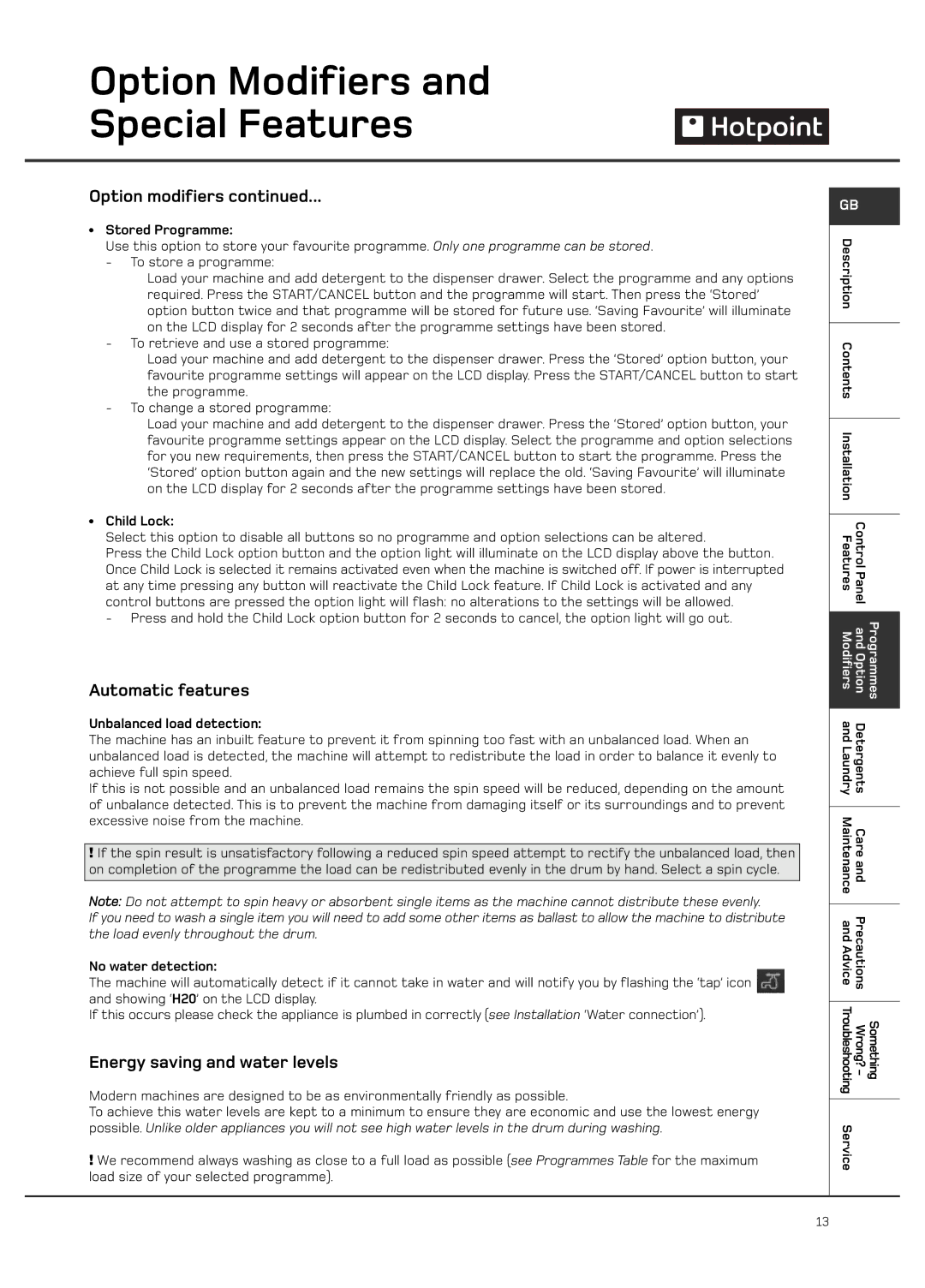 Hotpoint Ultima LCD manual Automatic features, Energy saving and water levels 